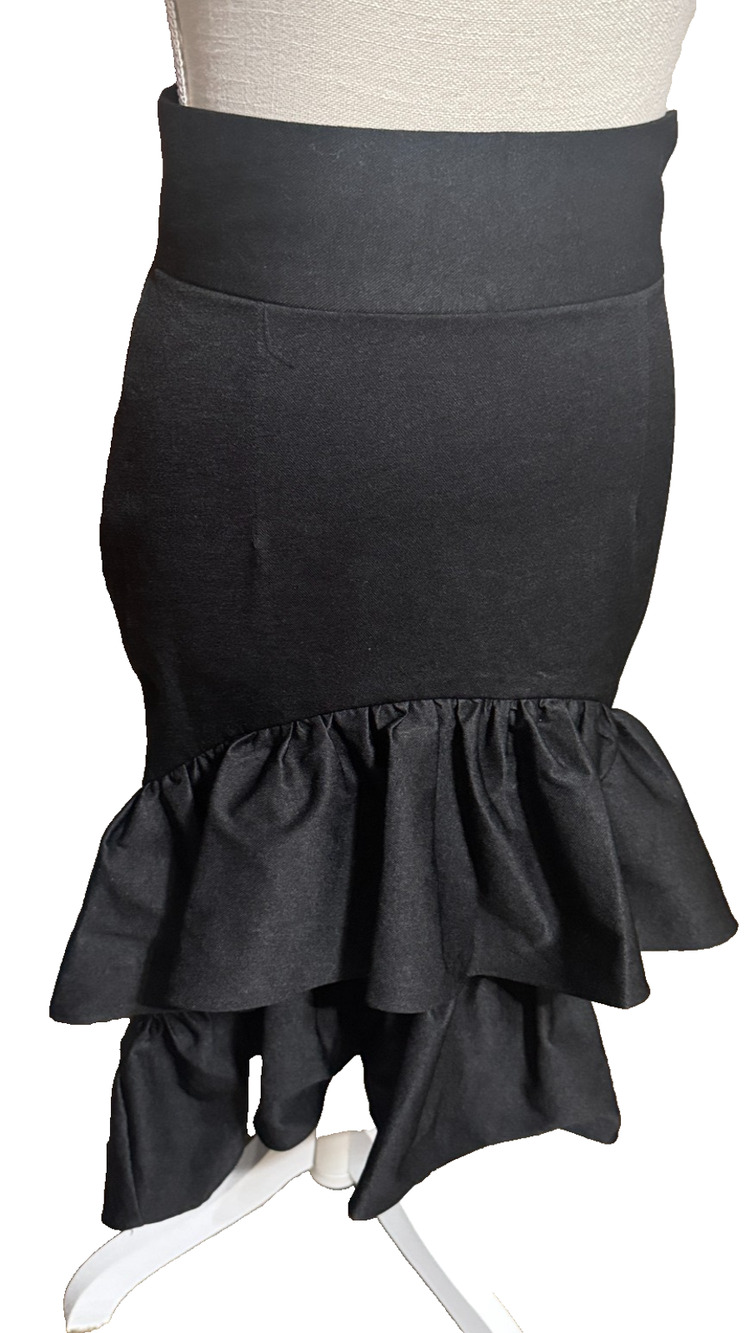 Black Midi Skirt Ruffled High Low hem party salsa dancing club sz M stretch
